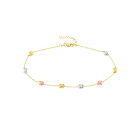 14K Tri-Color Gold Satin and Polished Bead Adjustable Anklet