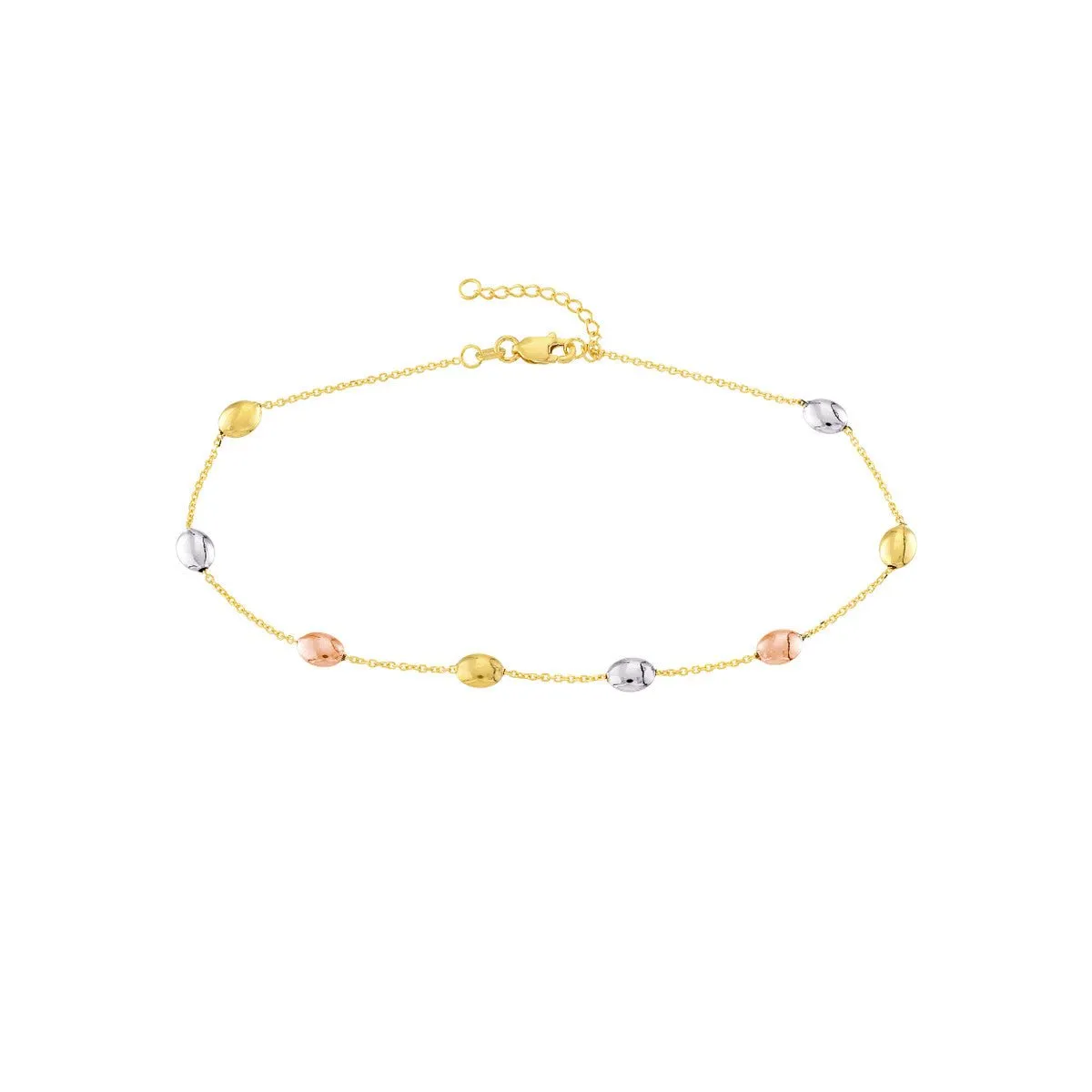 14K Tri-Color Gold Satin and Polished Bead Adjustable Anklet