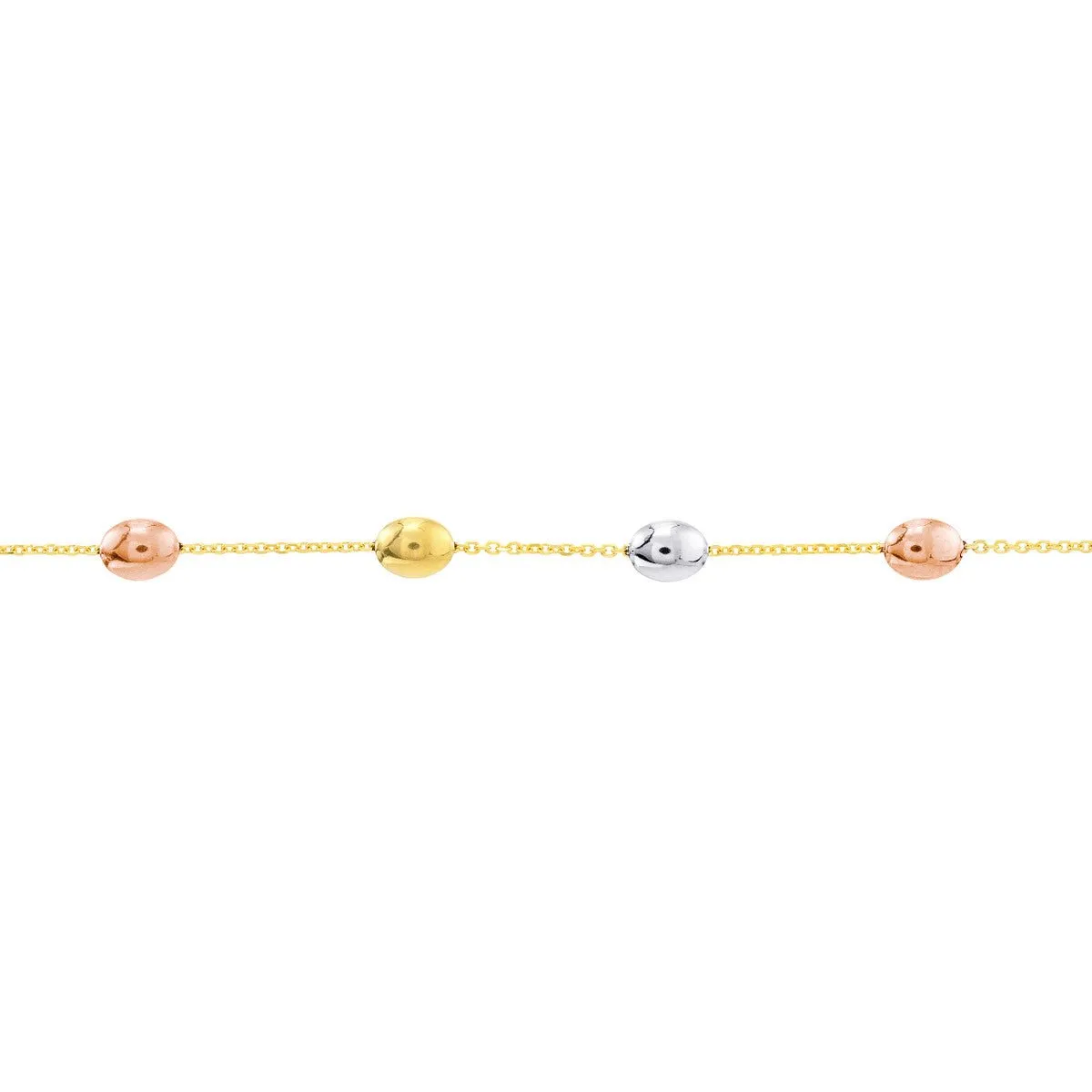 14K Tri-Color Gold Satin and Polished Bead Adjustable Anklet