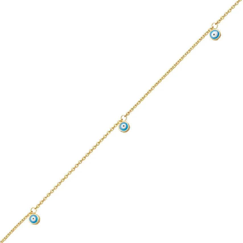 14K Yellow Gold Blue Turquoise Evil Eye Dangle Adjustable Anklet