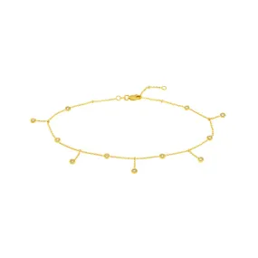 14K Yellow Gold CZ Bezel Station and Drop Adjustable Anklet