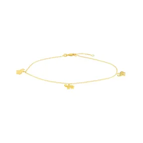 14K Yellow Gold Elephant Trio Adjustable Anklet