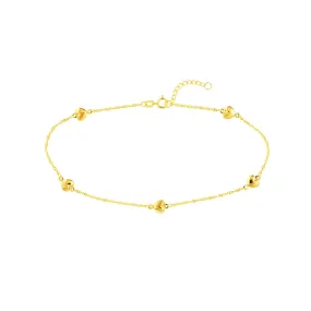 14K Yellow Gold Hearts on Piatto Chain Adjustable Anklet