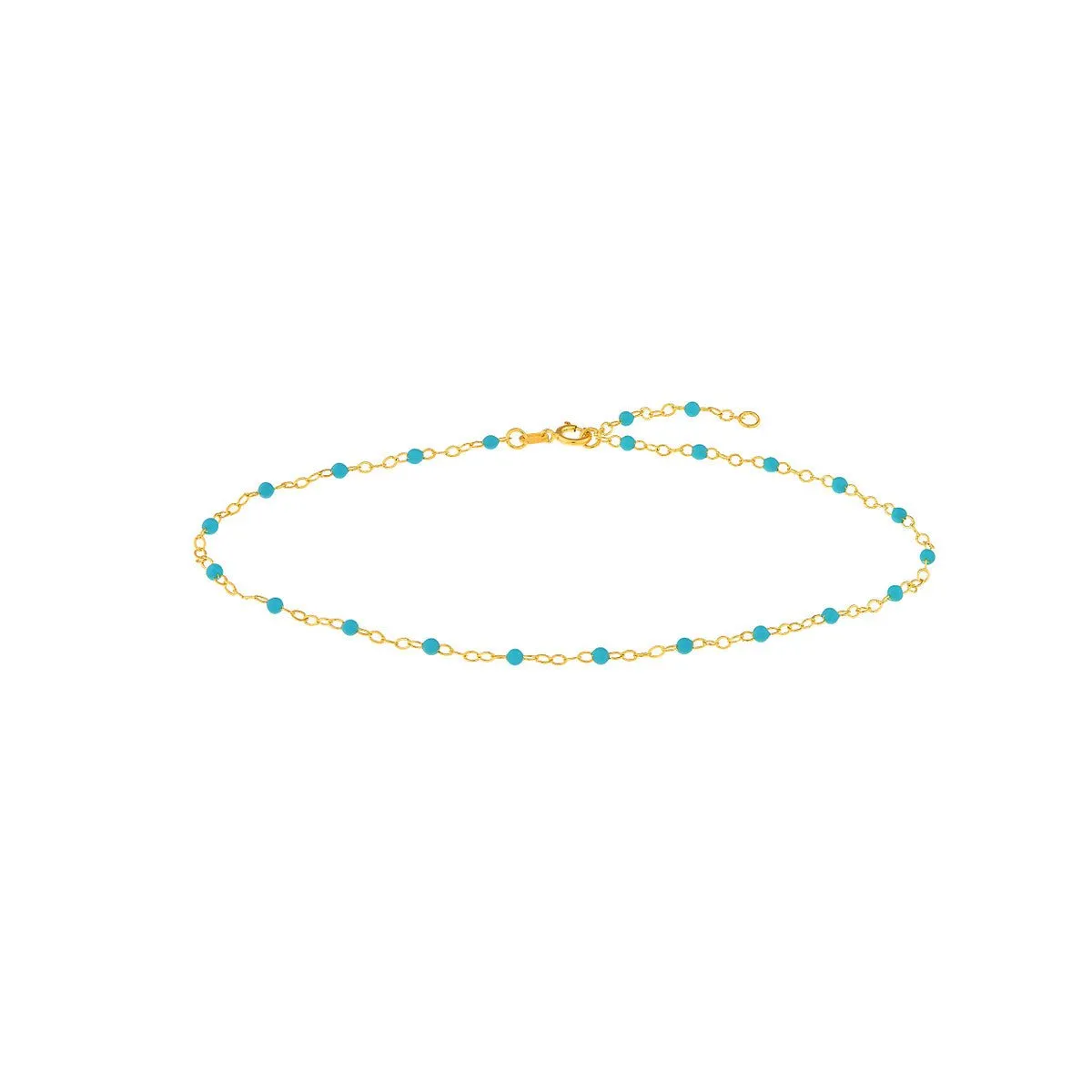 14K Yellow Gold Light Turquoise Enamel Bead Piatto Chain Anklet
