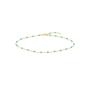 14K Yellow Gold Light Turquoise Enamel Bead Piatto Chain Anklet