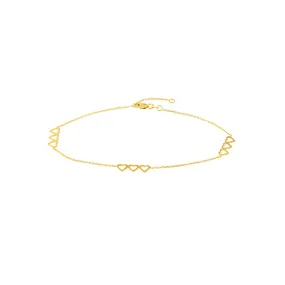 14K Yellow Gold Open Heart Trio Adjustable Anklet