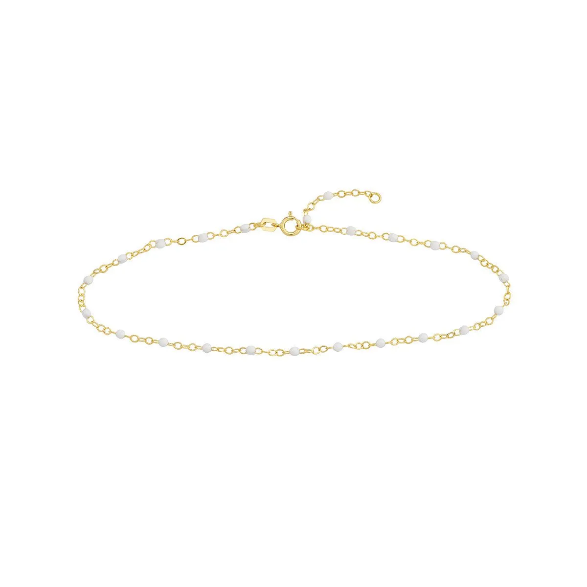 14K Yellow Gold White Enamel Bead Piatto Chain Anklet