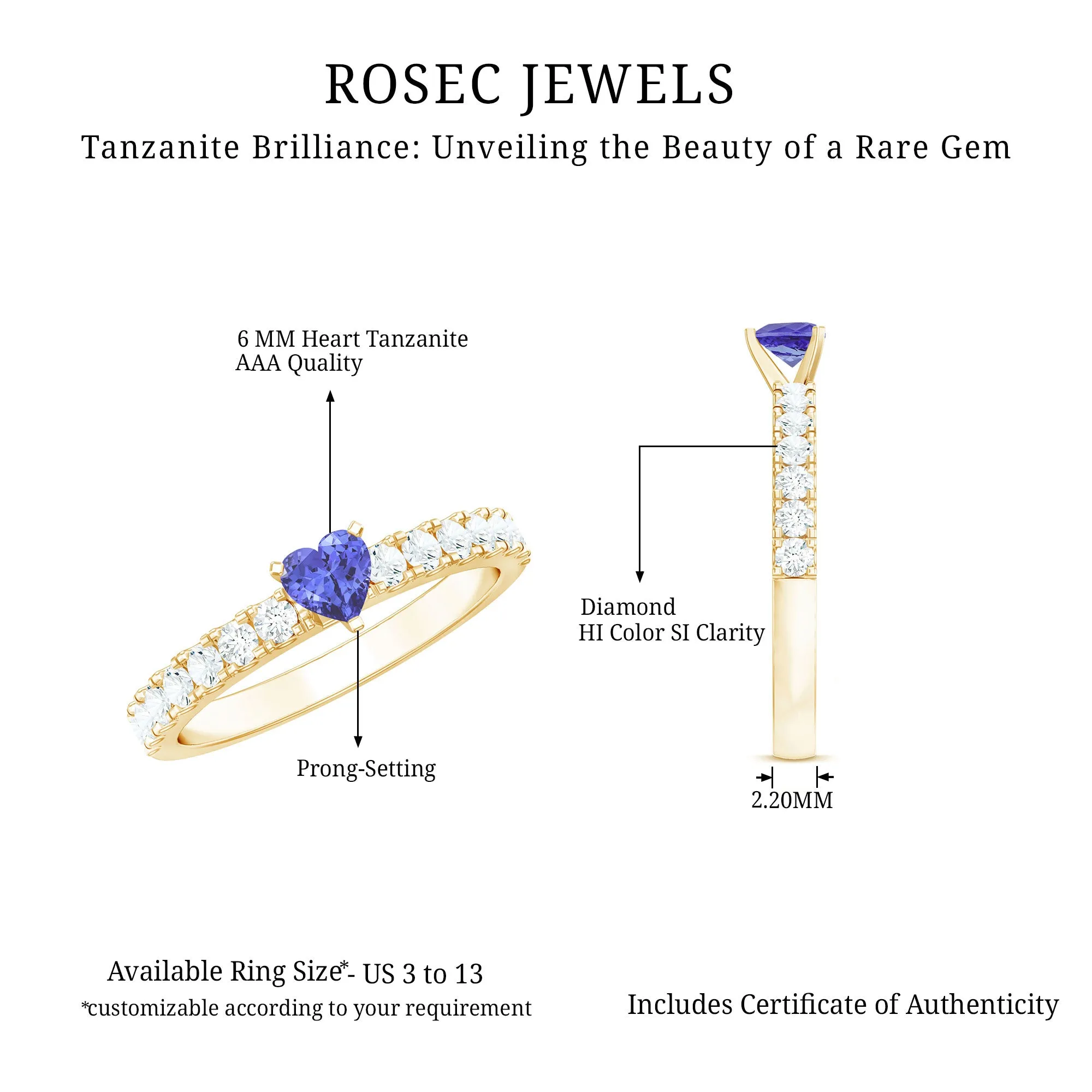 1.50 CT Heart Shaped Tanzanite Solitaire Ring with Diamond