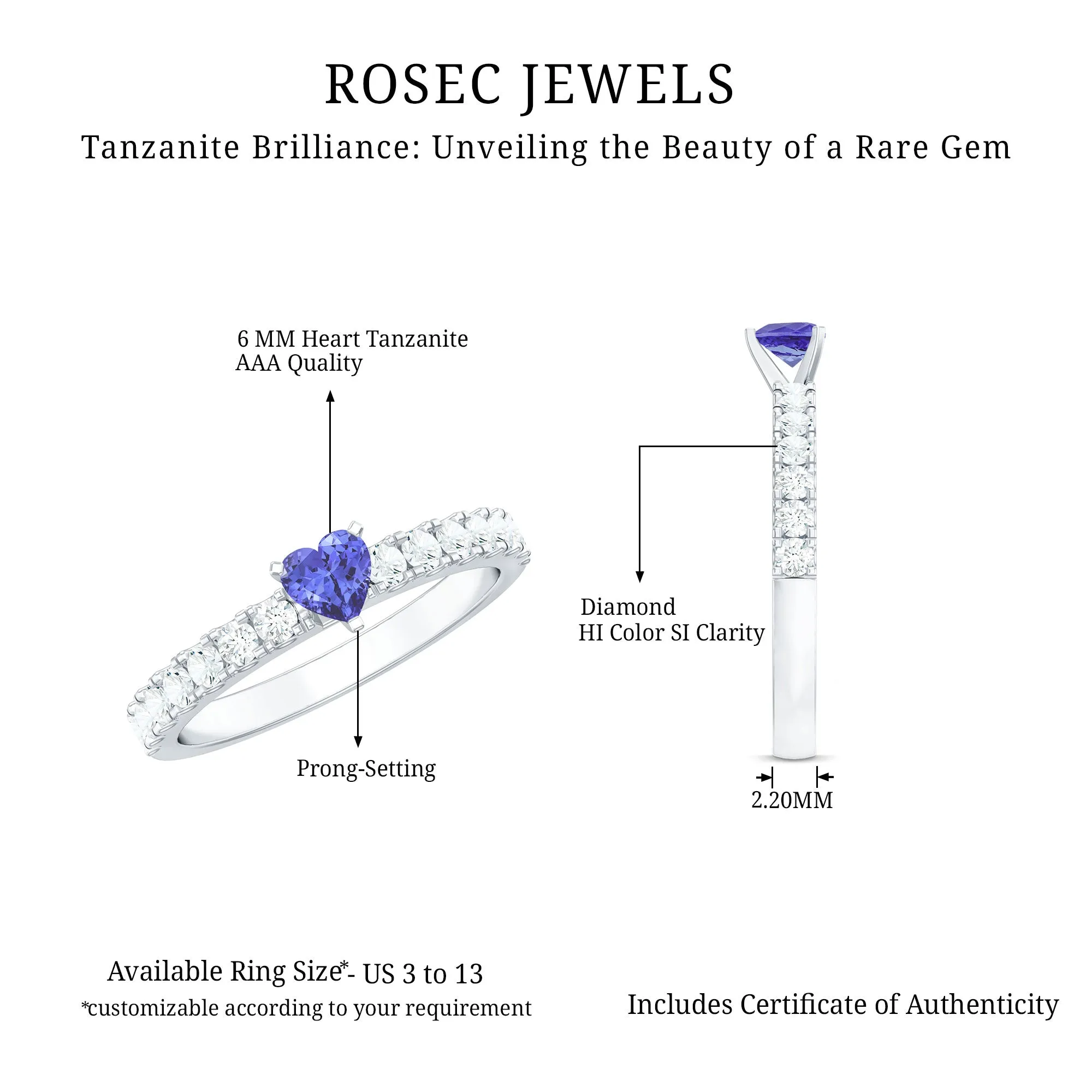 1.50 CT Heart Shaped Tanzanite Solitaire Ring with Diamond