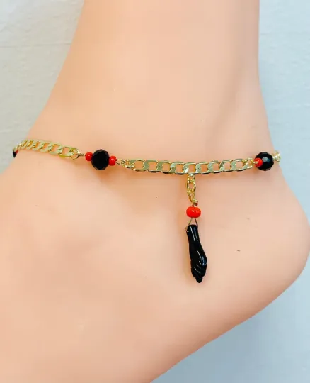 18K Gold Filled Cuban Link Azabache Anklet 10" Inches / Anklet Bracelet / Women's Bracelet / Tobillera en Oro Laminado / Pulsera de Pie Para Mujer