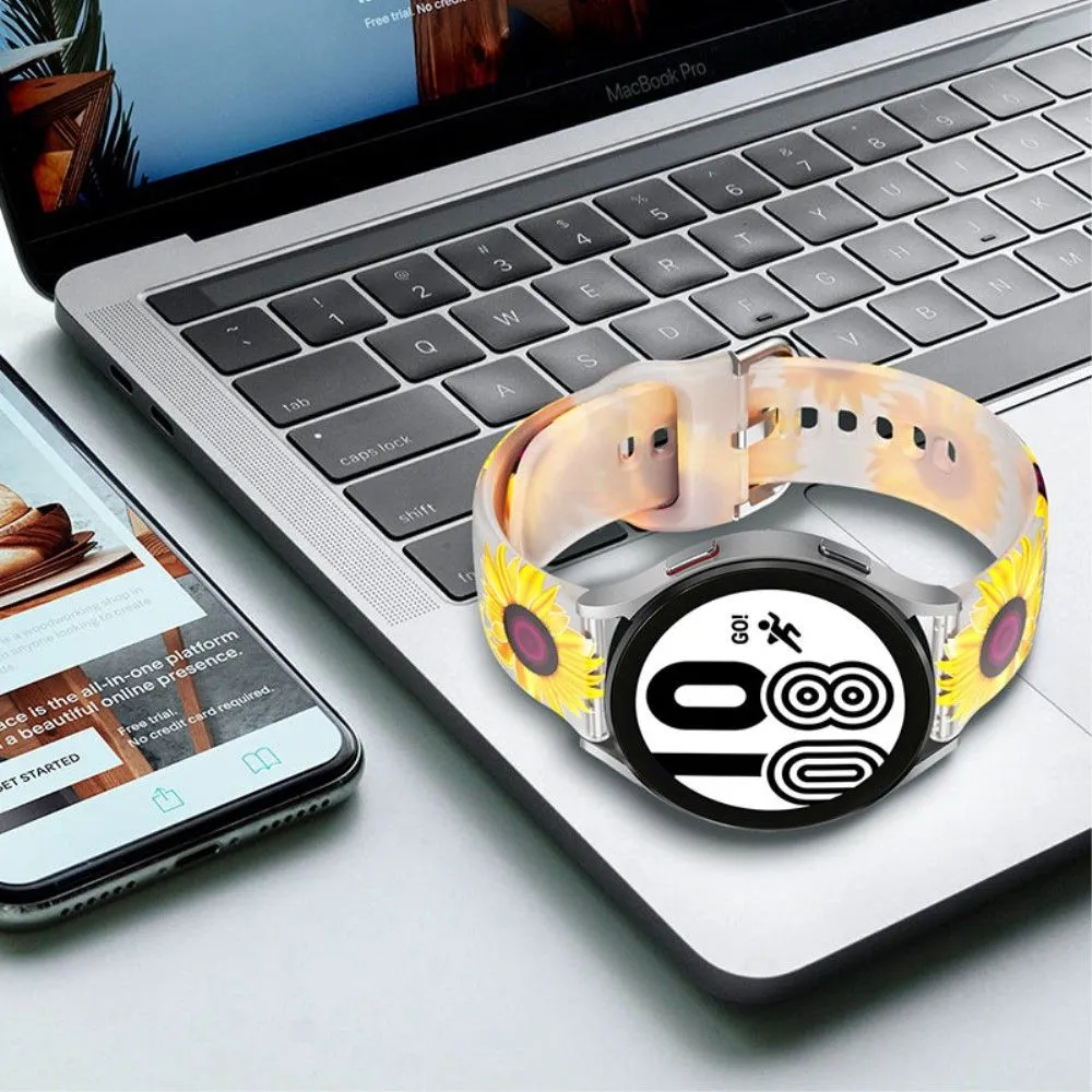20mm Universal pattern printed silicone watch strap - White / Sunflowers