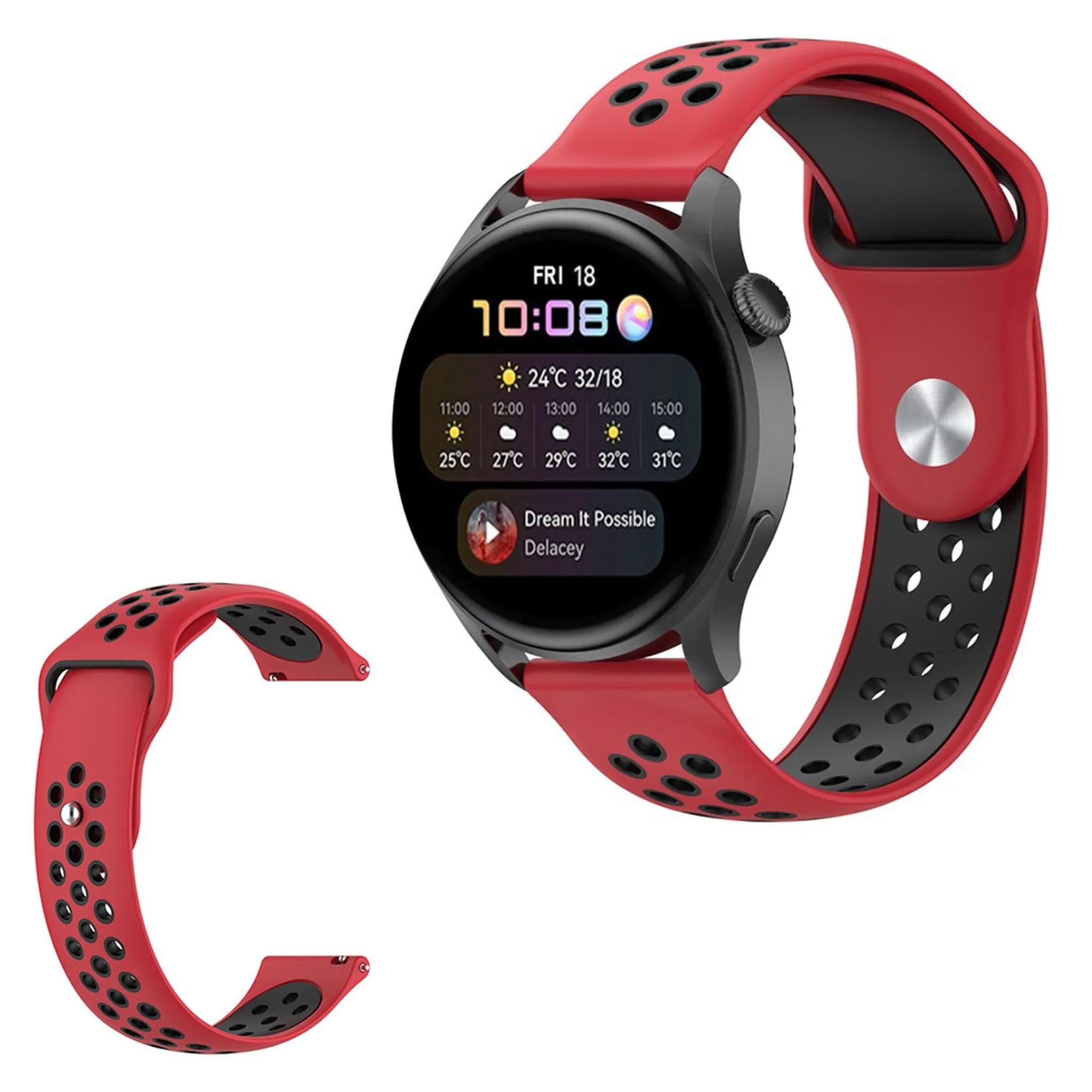 22mm Universal dual-color silicone watch strap - Red / Black