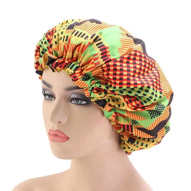 33cm Adjust Hair Styling Caps Print Large Sleep Fabric Hair Bonnet Satin Lined Sleep Cap Night Hat Ladies Hair Styling Tool