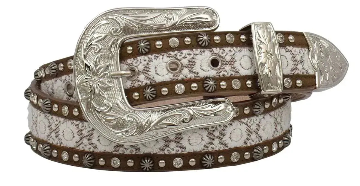 3D Lace Inlay Distressed Leather Belt - Womens Belt