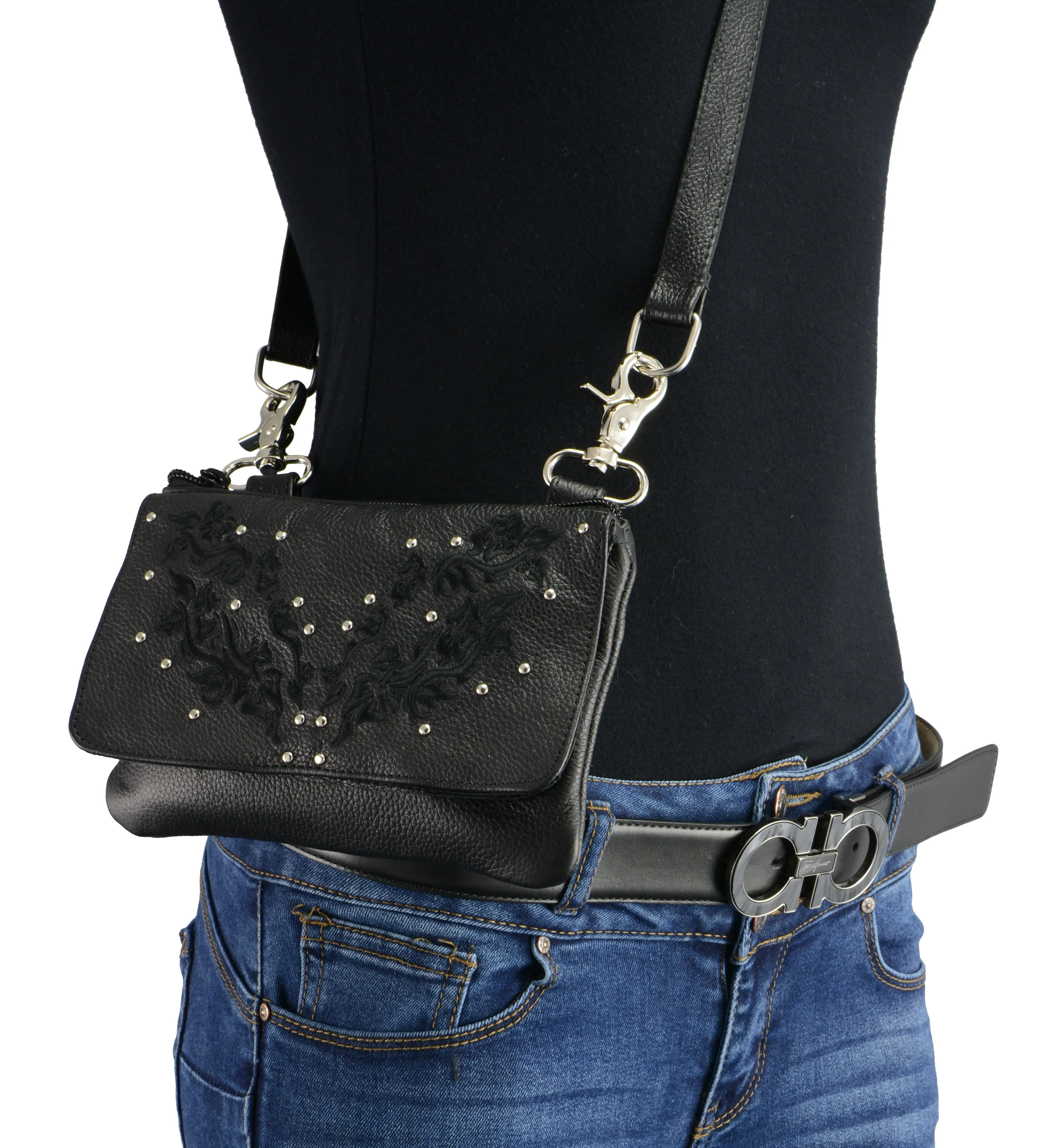 7X5X2.5 Women Black Leather Multi Pocket Belt Bag w/ Gun Holster