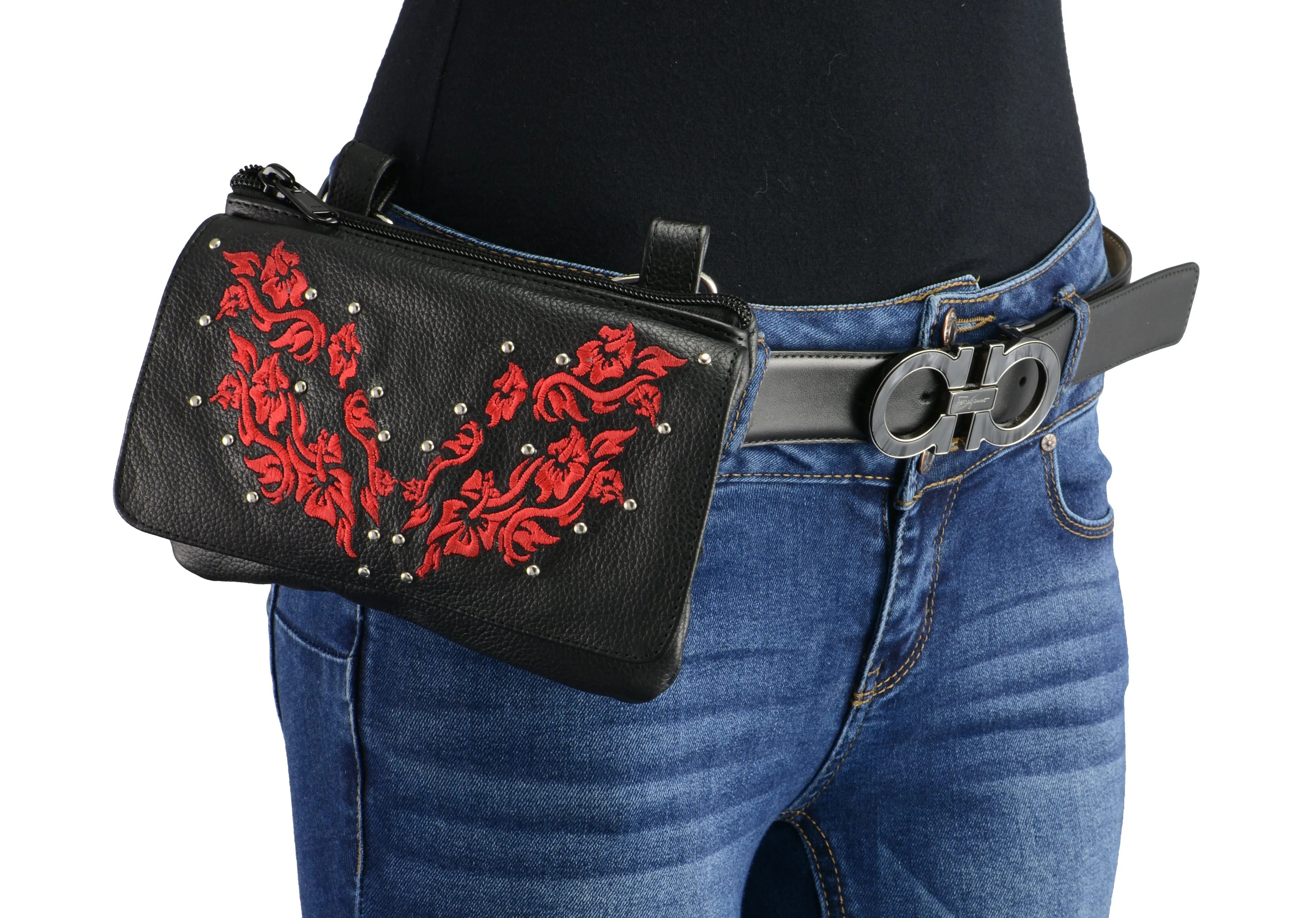 7X5X2.5 Women Black Leather Multi Pocket Belt Bag w/ Gun Holster