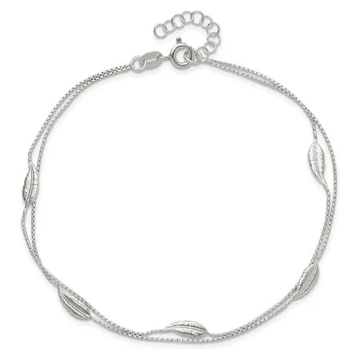 .925 Sterling Silver Double Chain Feather 9" Anklet with 1" Extender