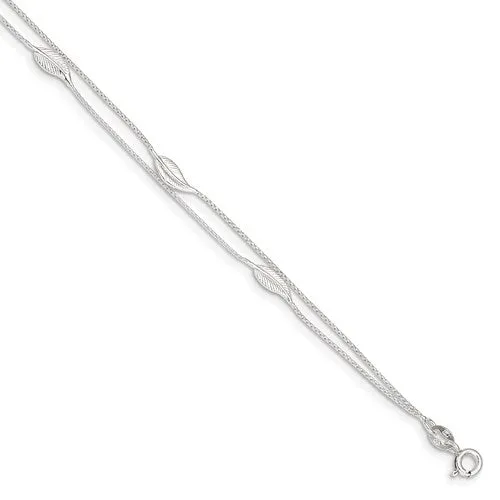 .925 Sterling Silver Double Chain Feather 9" Anklet with 1" Extender