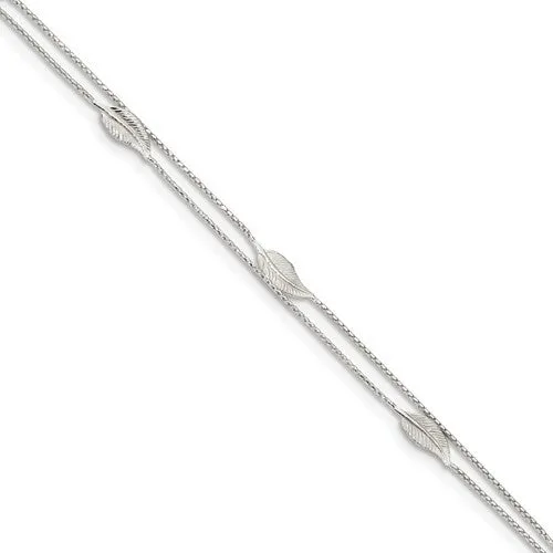 .925 Sterling Silver Double Chain Feather 9" Anklet with 1" Extender