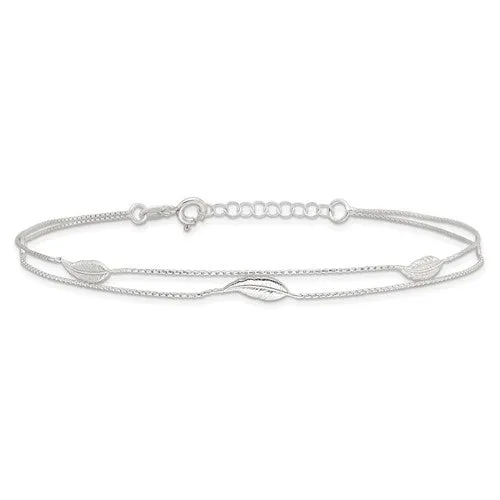 .925 Sterling Silver Double Chain Feather 9" Anklet with 1" Extender