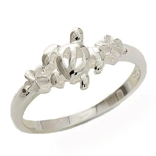 925 Sterling Silver Honu Turtle With Plumerias Ring