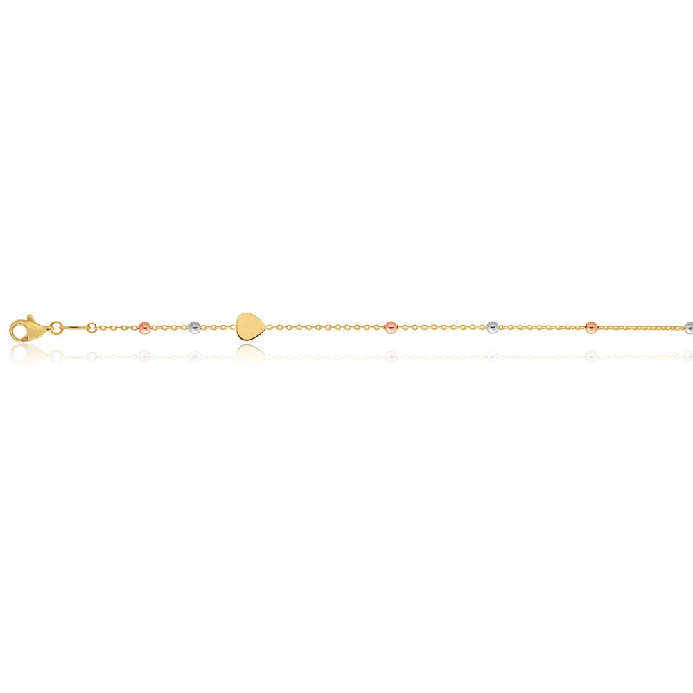 9ct Three-Tone Gold Heart and Bead 27cm Anklet