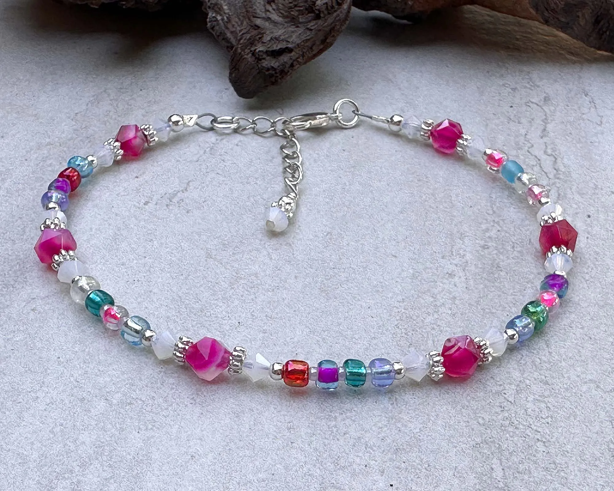 9" Hot Pink Agate Gemstone Beaded Anklet