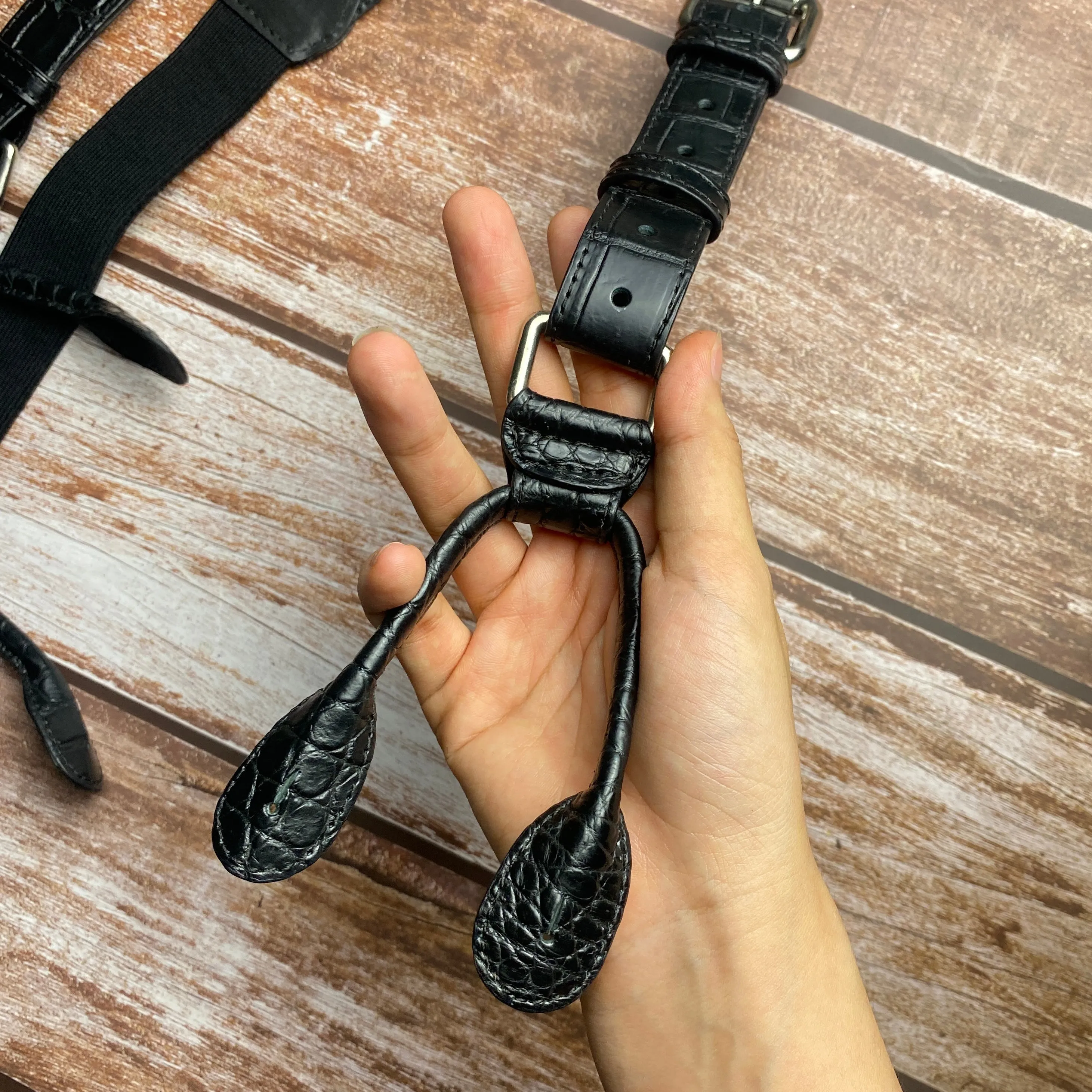 Alligator Y-Back Black Leather Suspenders Men Button End - Groomsmen Suspenders - Wedding Groom Suspenders Adjustable