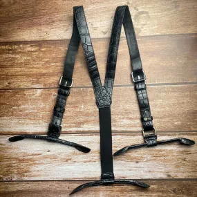 Alligator Y-Back Black Leather Suspenders Men Button End - Groomsmen Suspenders - Wedding Groom Suspenders Adjustable