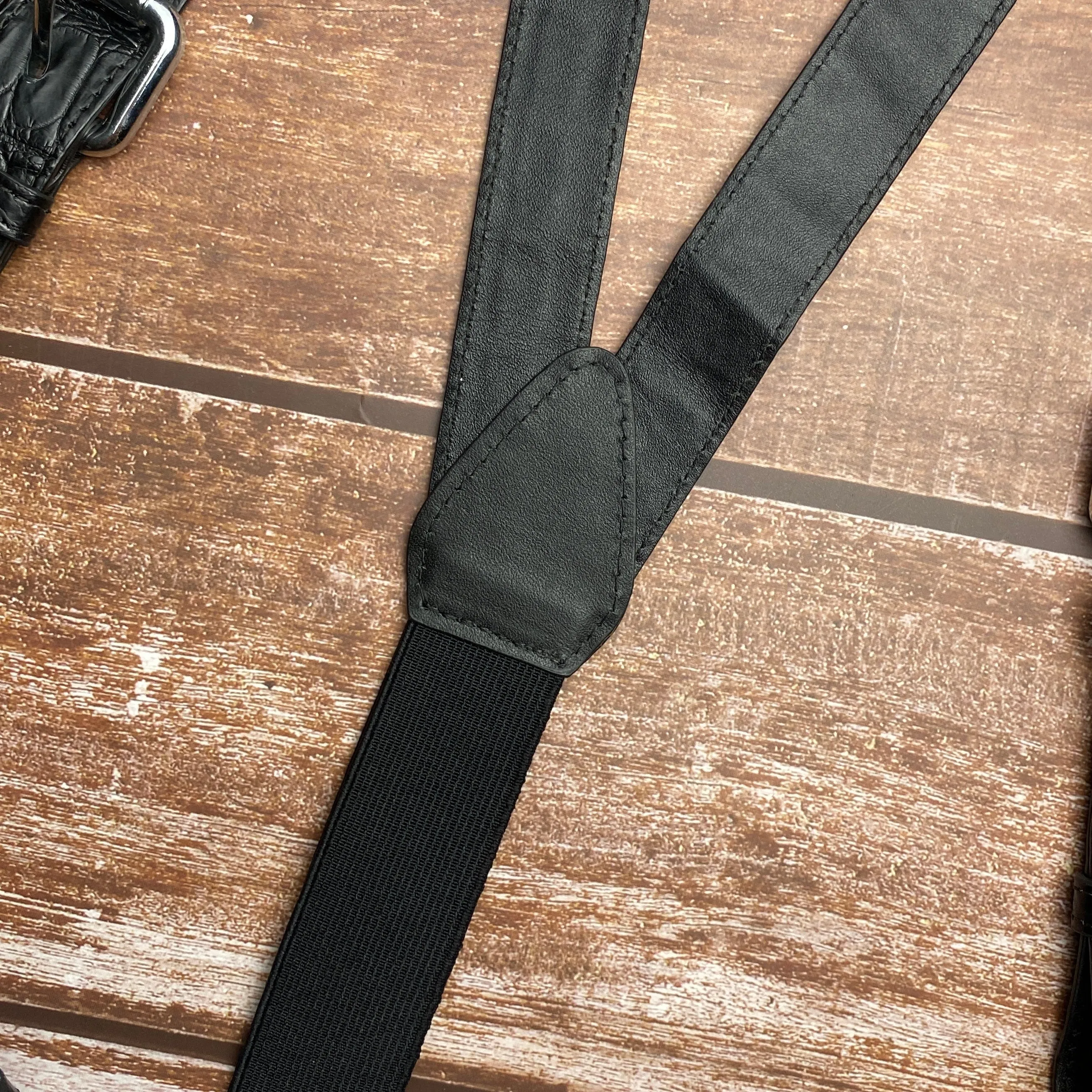 Alligator Y-Back Black Leather Suspenders Men Button End - Groomsmen Suspenders - Wedding Groom Suspenders Adjustable