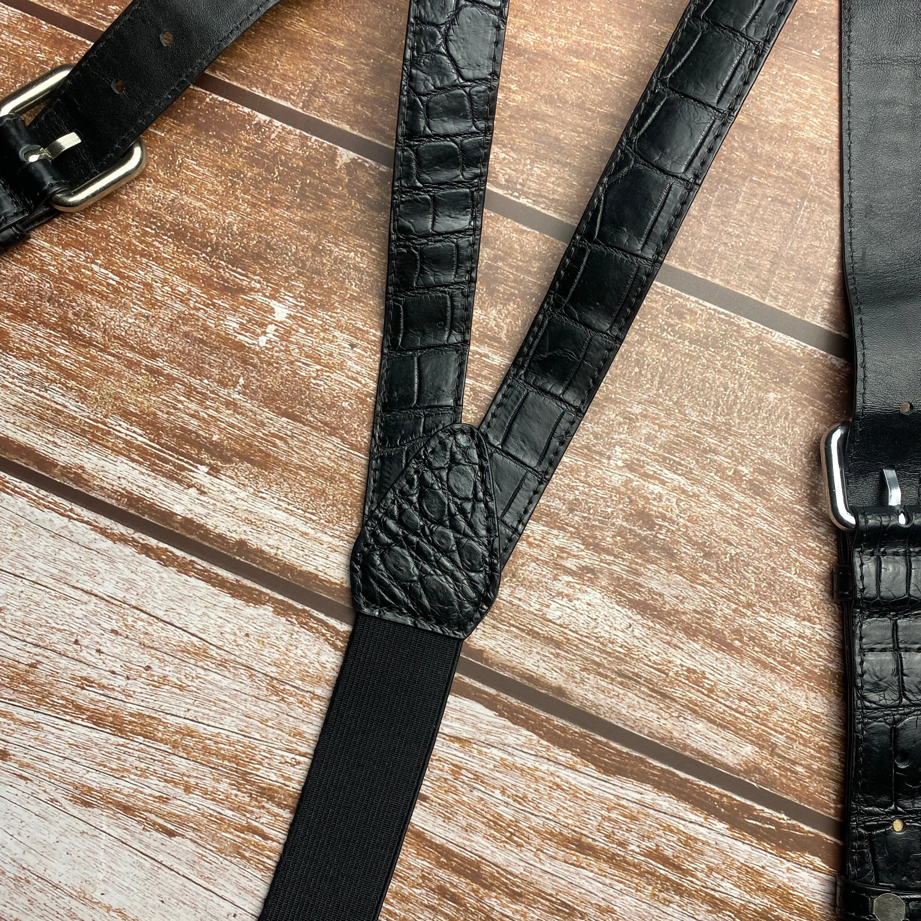 Alligator Y-Back Black Leather Suspenders Men Button End - Groomsmen Suspenders - Wedding Groom Suspenders Adjustable