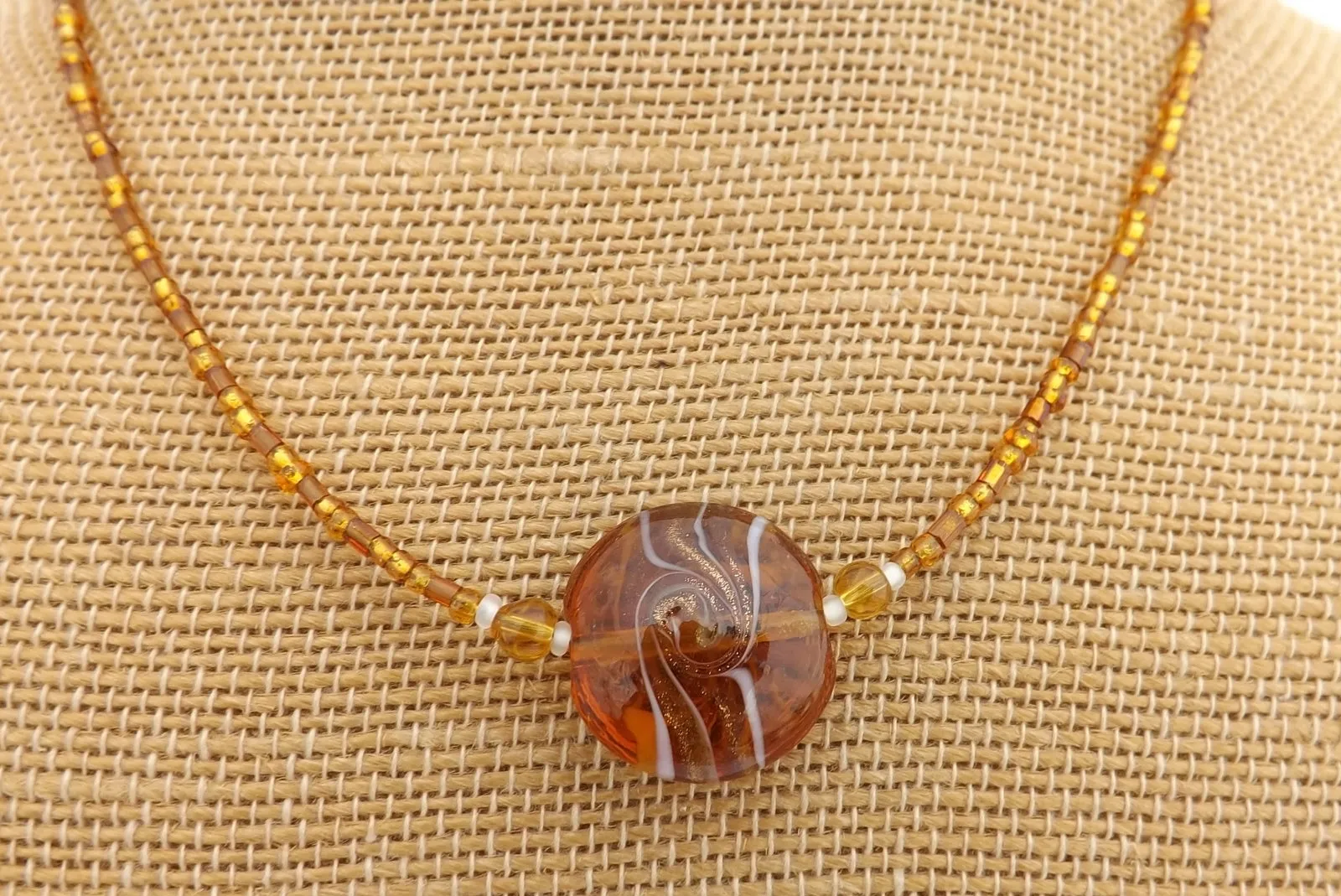 Amber Brown & White Handmade Bead Necklace
