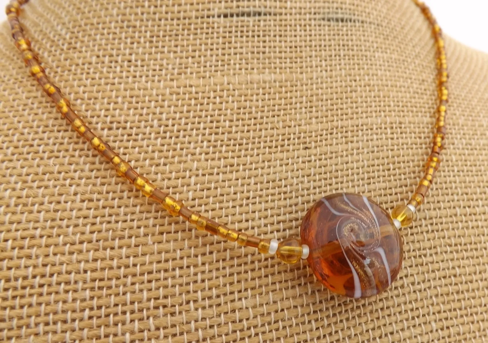 Amber Brown & White Handmade Bead Necklace