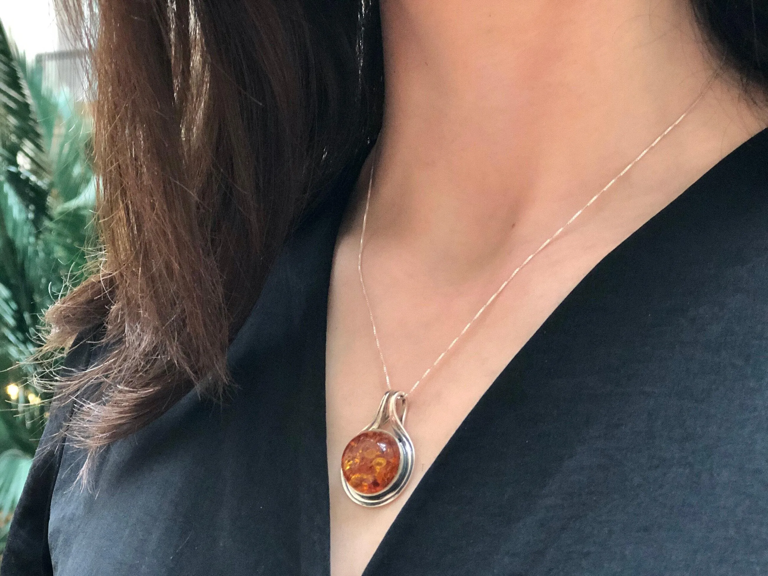 Amber Pendant - Large Amber Necklace - Round Yellow Pendant