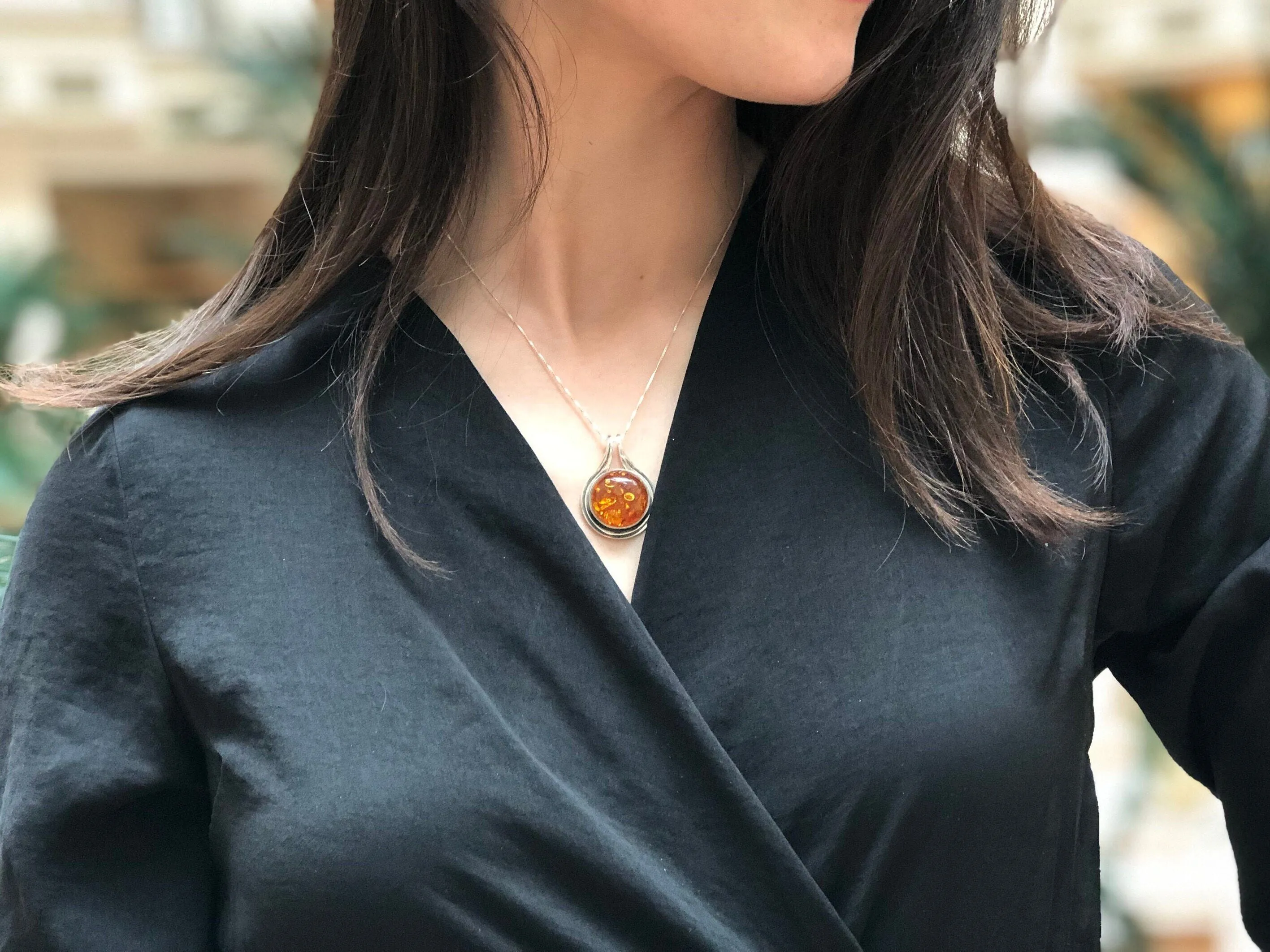 Amber Pendant - Large Amber Necklace - Round Yellow Pendant