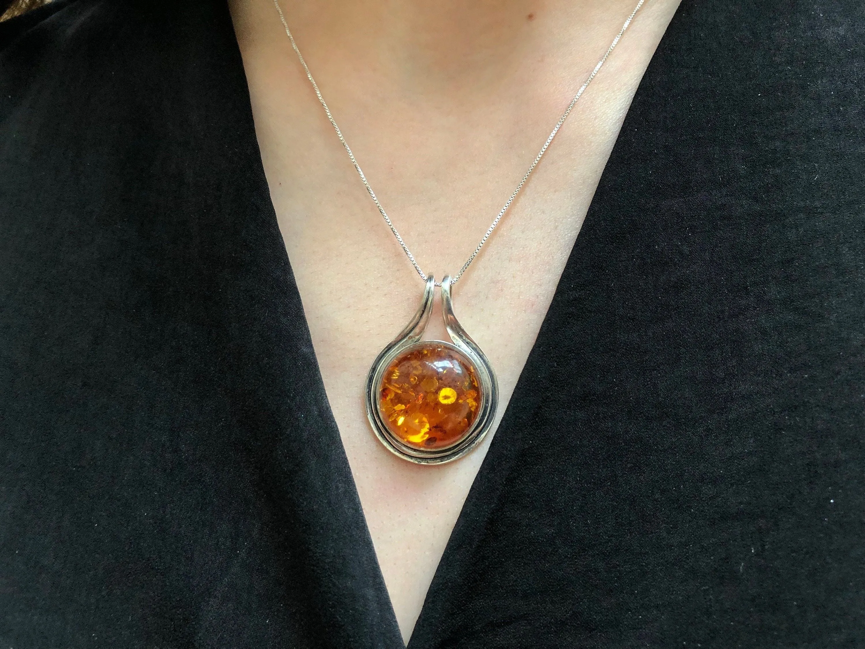 Amber Pendant - Large Amber Necklace - Round Yellow Pendant