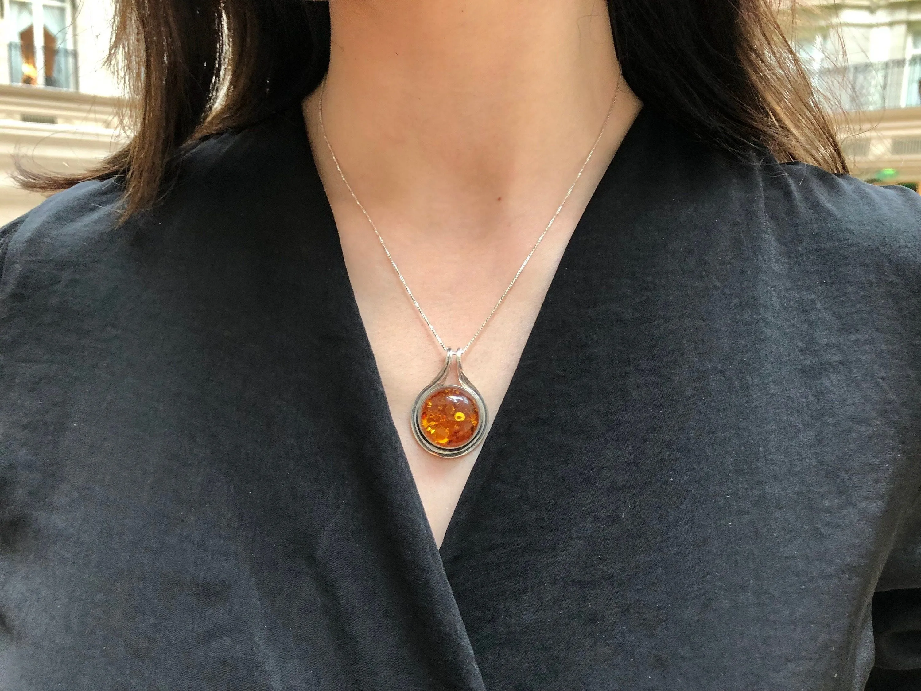 Amber Pendant - Large Amber Necklace - Round Yellow Pendant