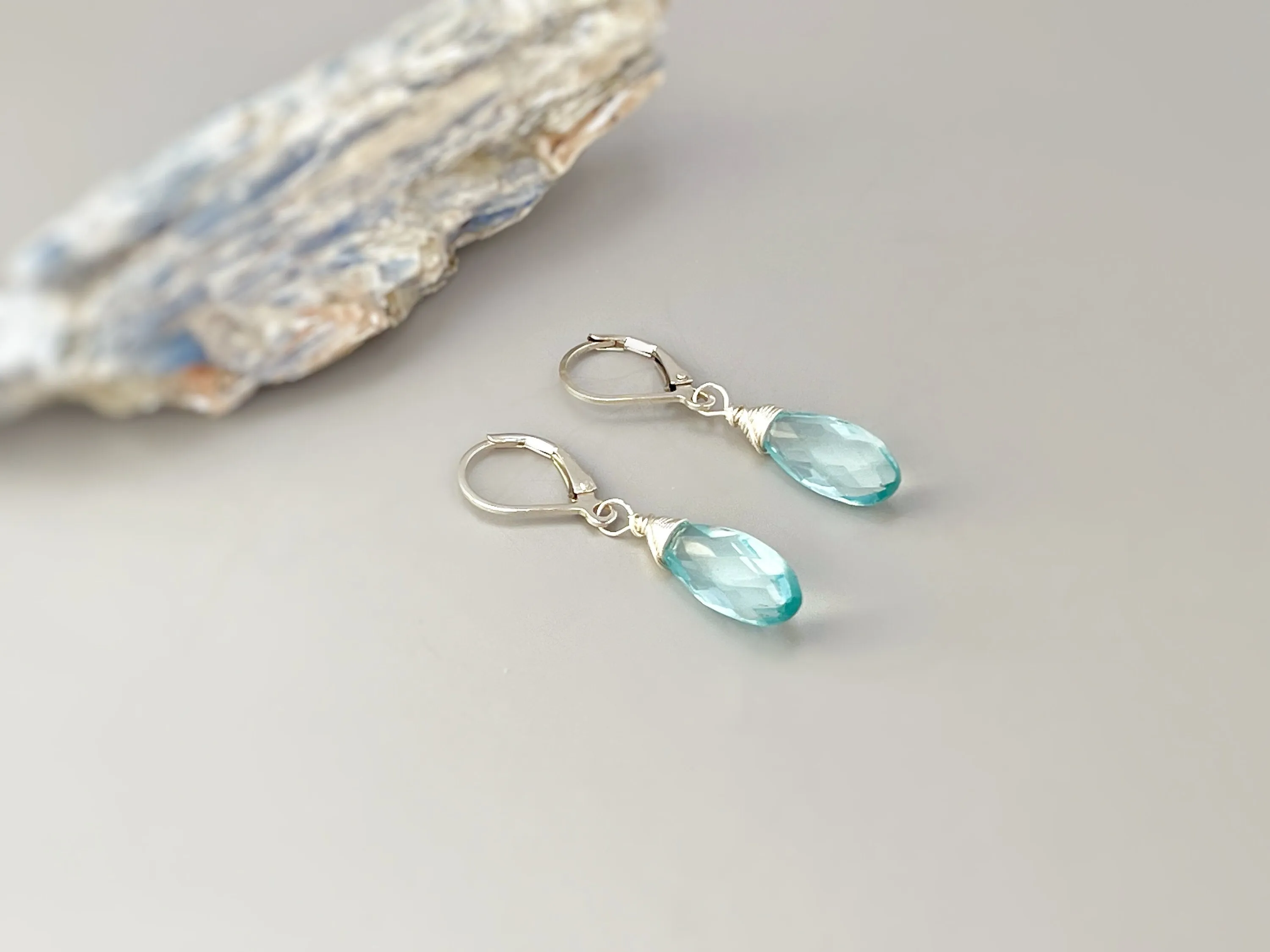 Aquamarine Quartz earrings dangle, Sterling Silver Baby Blue