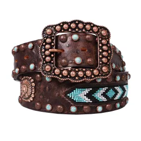 B780 - Brown Distressed Ostrich Print Beaded Belt