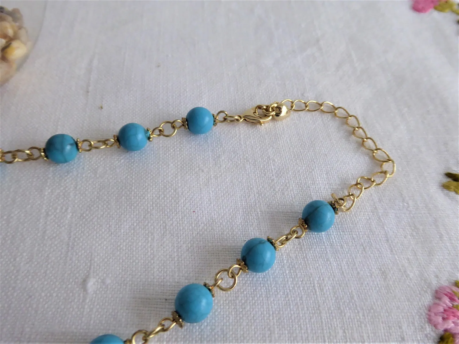 Beaded Necklace 3 Strand Turquoise Glass Tigers Eye Lampwork Eye Beads 1990s