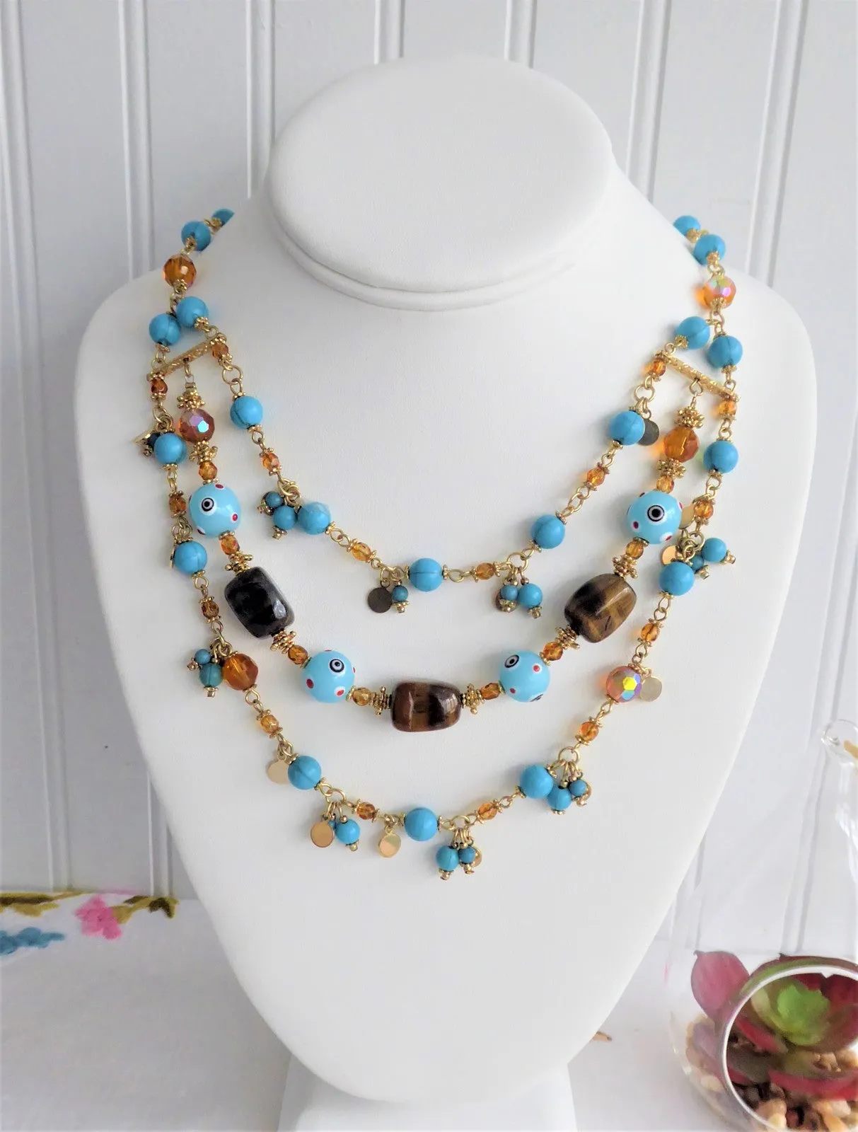Beaded Necklace 3 Strand Turquoise Glass Tigers Eye Lampwork Eye Beads 1990s