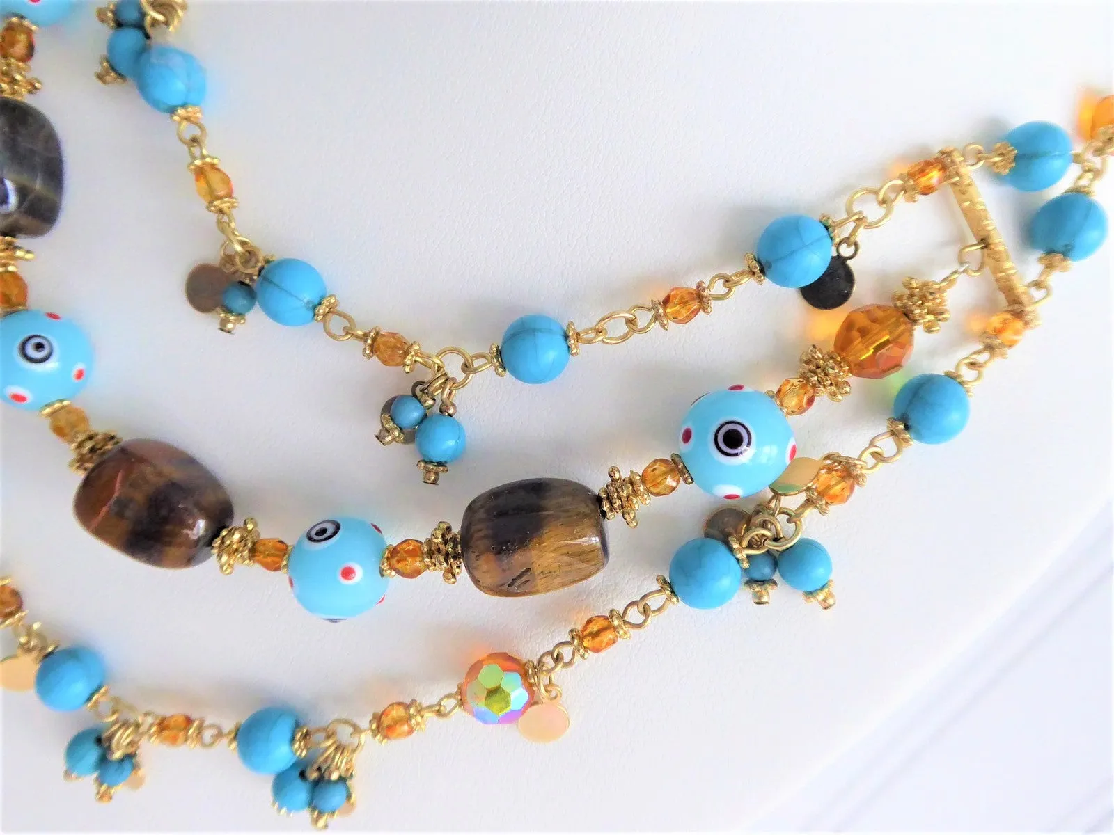 Beaded Necklace 3 Strand Turquoise Glass Tigers Eye Lampwork Eye Beads 1990s
