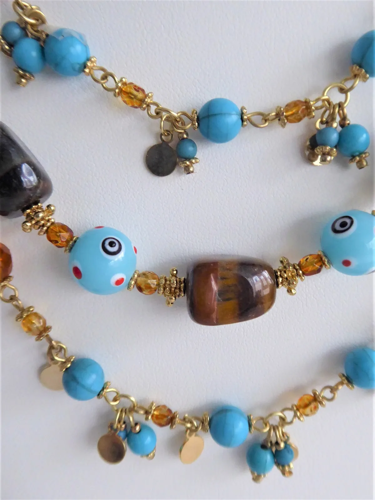 Beaded Necklace 3 Strand Turquoise Glass Tigers Eye Lampwork Eye Beads 1990s