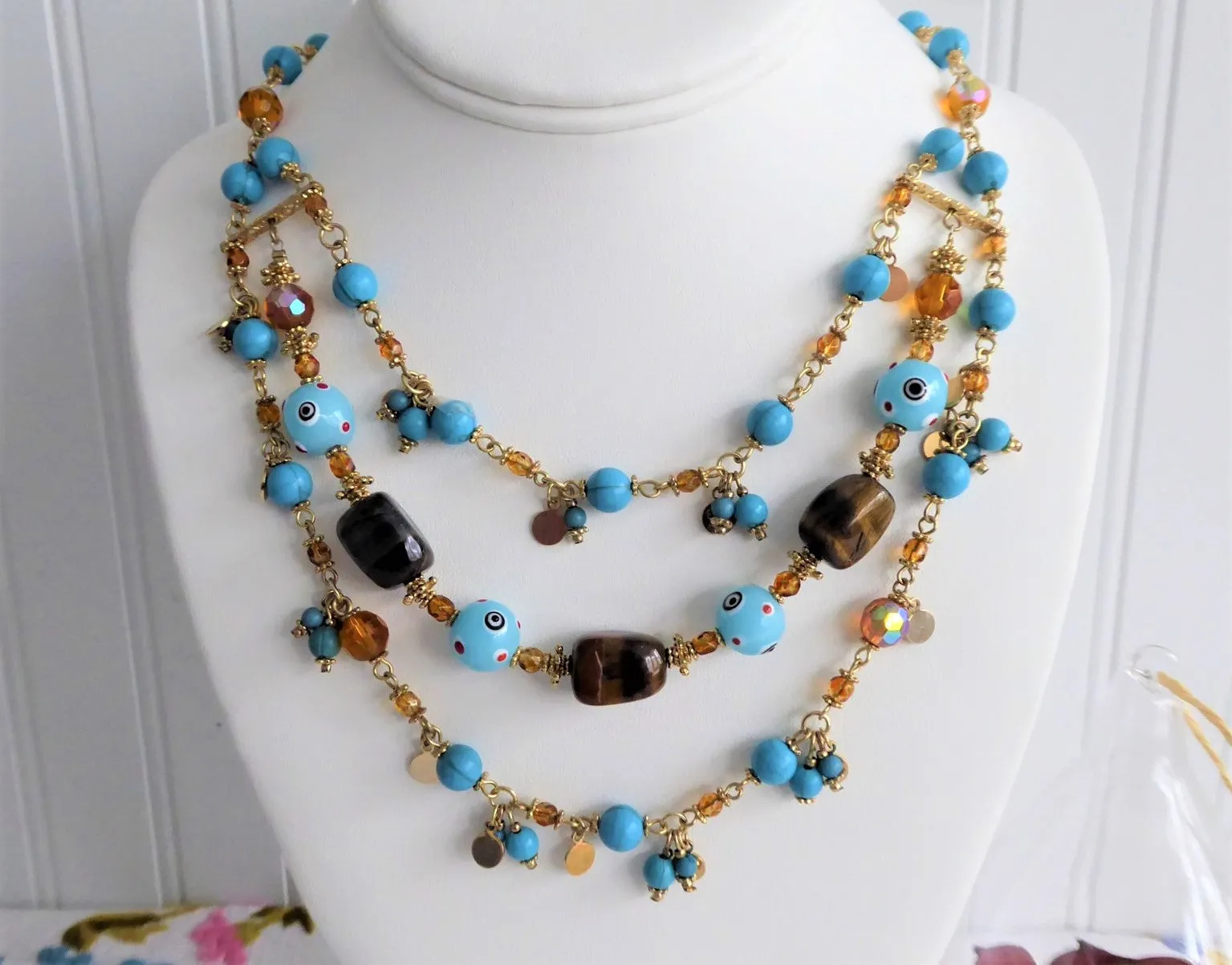 Beaded Necklace 3 Strand Turquoise Glass Tigers Eye Lampwork Eye Beads 1990s