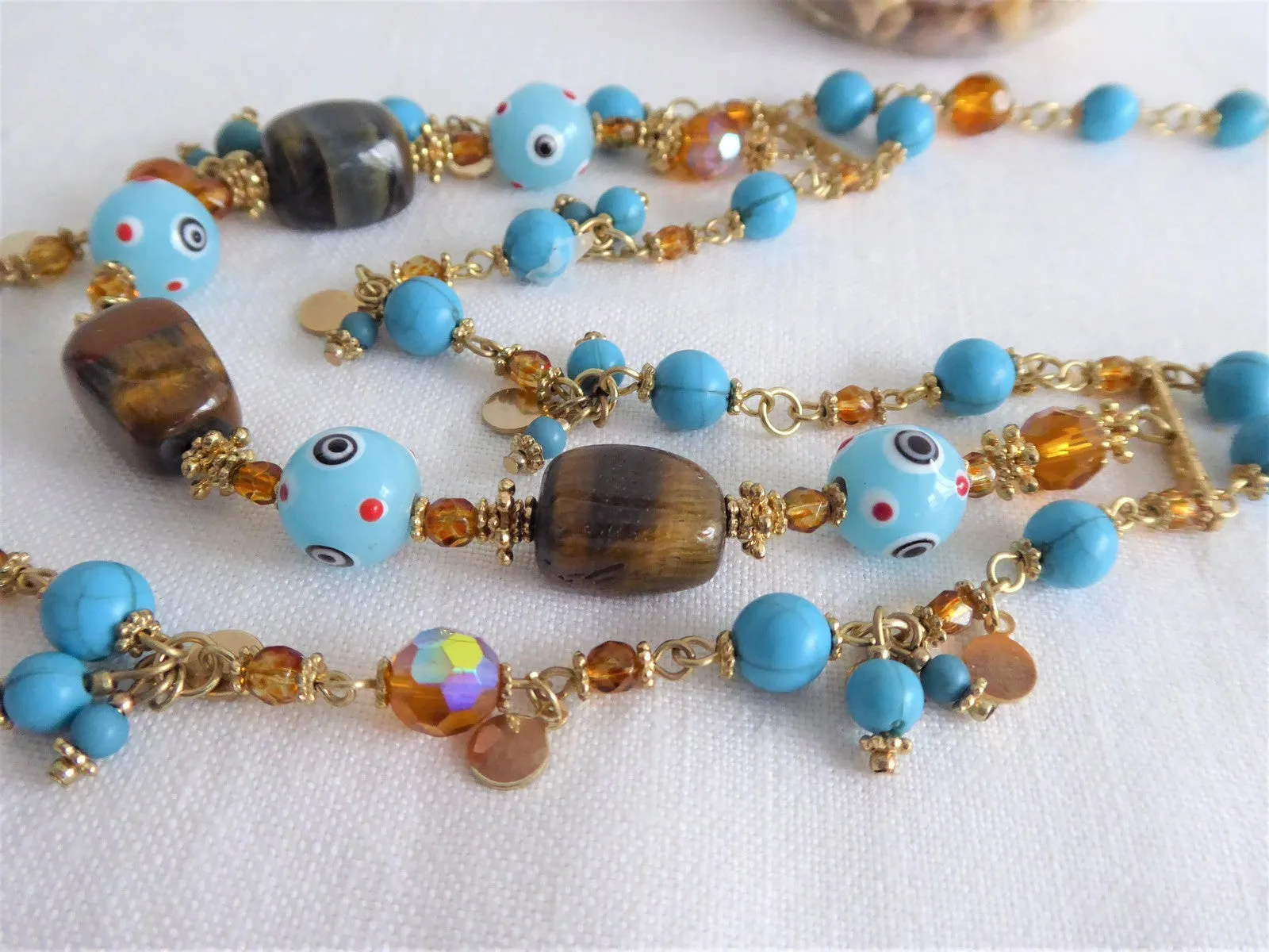 Beaded Necklace 3 Strand Turquoise Glass Tigers Eye Lampwork Eye Beads 1990s