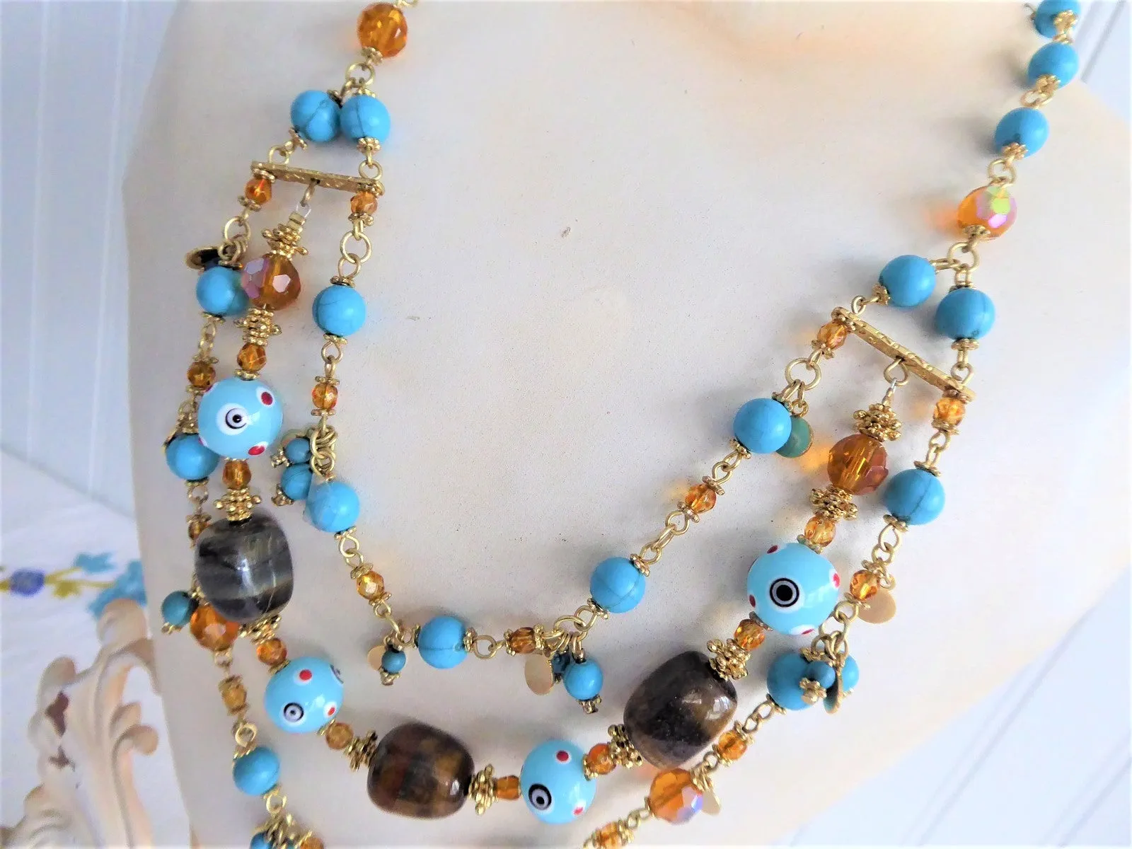 Beaded Necklace 3 Strand Turquoise Glass Tigers Eye Lampwork Eye Beads 1990s