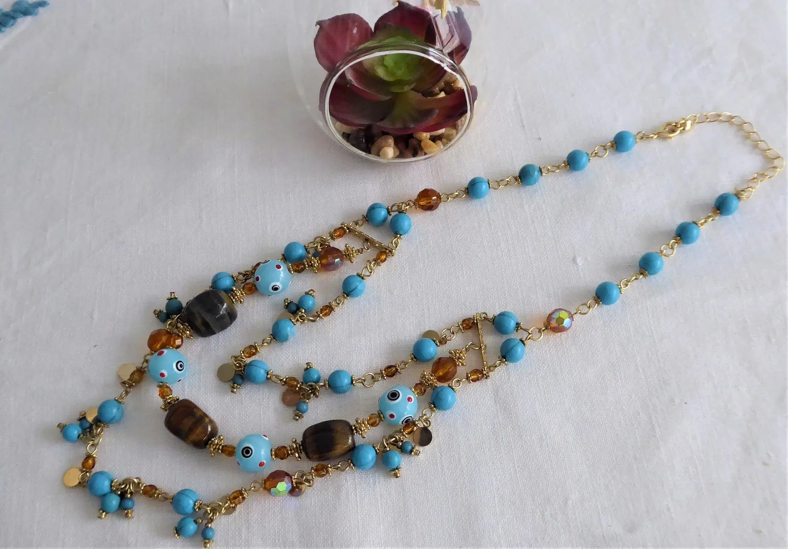 Beaded Necklace 3 Strand Turquoise Glass Tigers Eye Lampwork Eye Beads 1990s