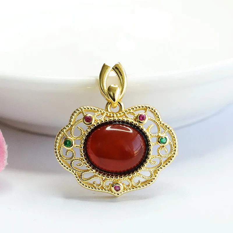 Blood Amber Ruyi Pendant with Sterling Silver Frame and Beeswax Gem