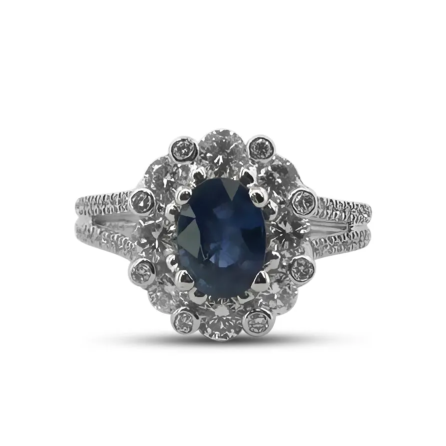 Blue Oval Sapphire & Round Brilliant Diamond Halo 14k White Gold Cocktail Ring