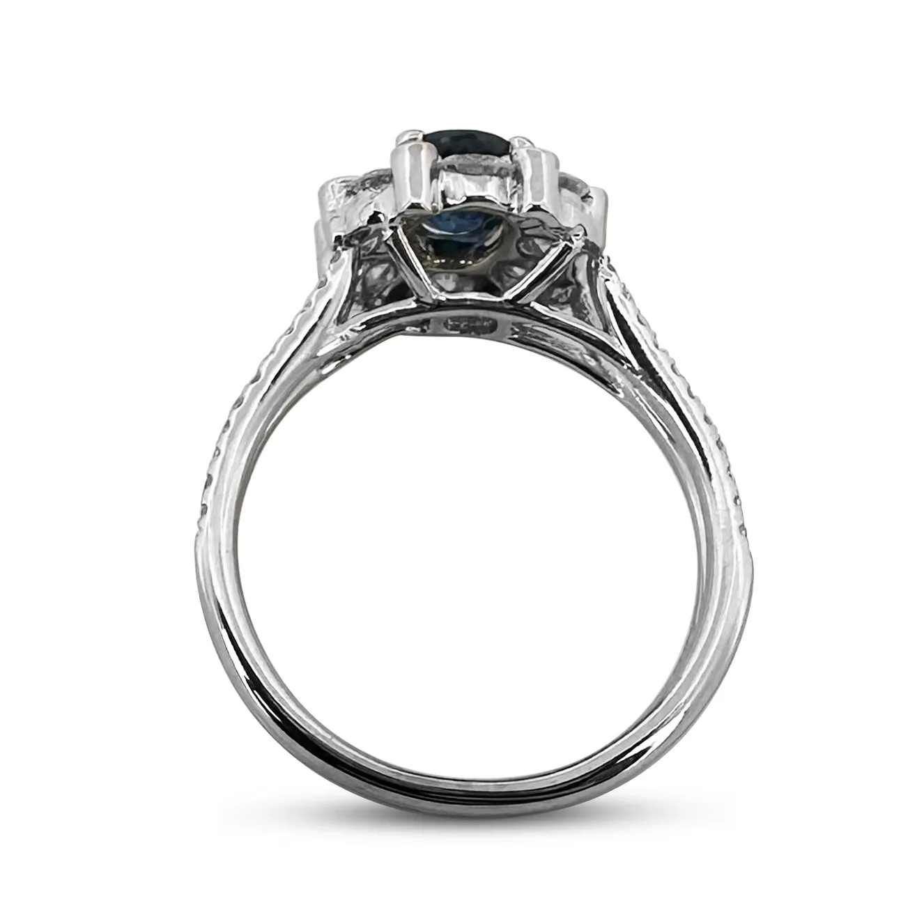 Blue Oval Sapphire & Round Brilliant Diamond Halo 14k White Gold Cocktail Ring